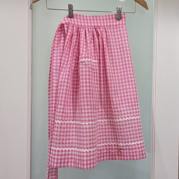 Vintage Handmade Embroidered Half Apron in Pink & White Gingham - Shows Wear - Picture 1 of 6